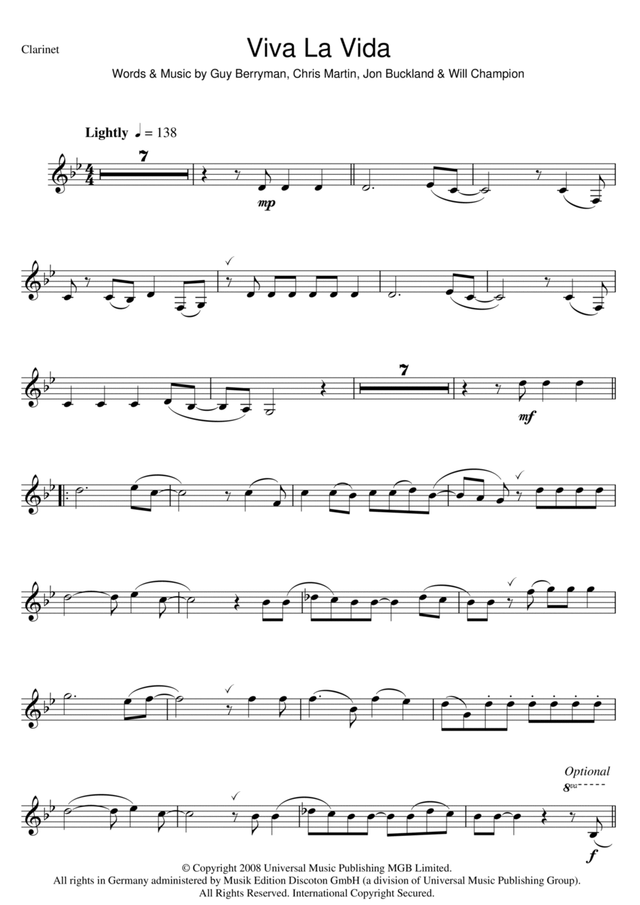 Viva La Vida Clarinet Solo scores gallery preview page 1