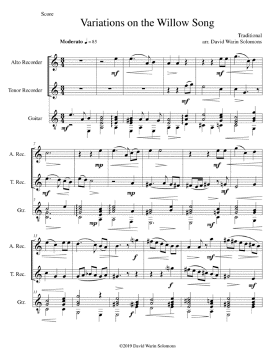 Variations on The Willow Song for alto and tenor recorders and guitar Alto Recorder scores gallery preview page 1