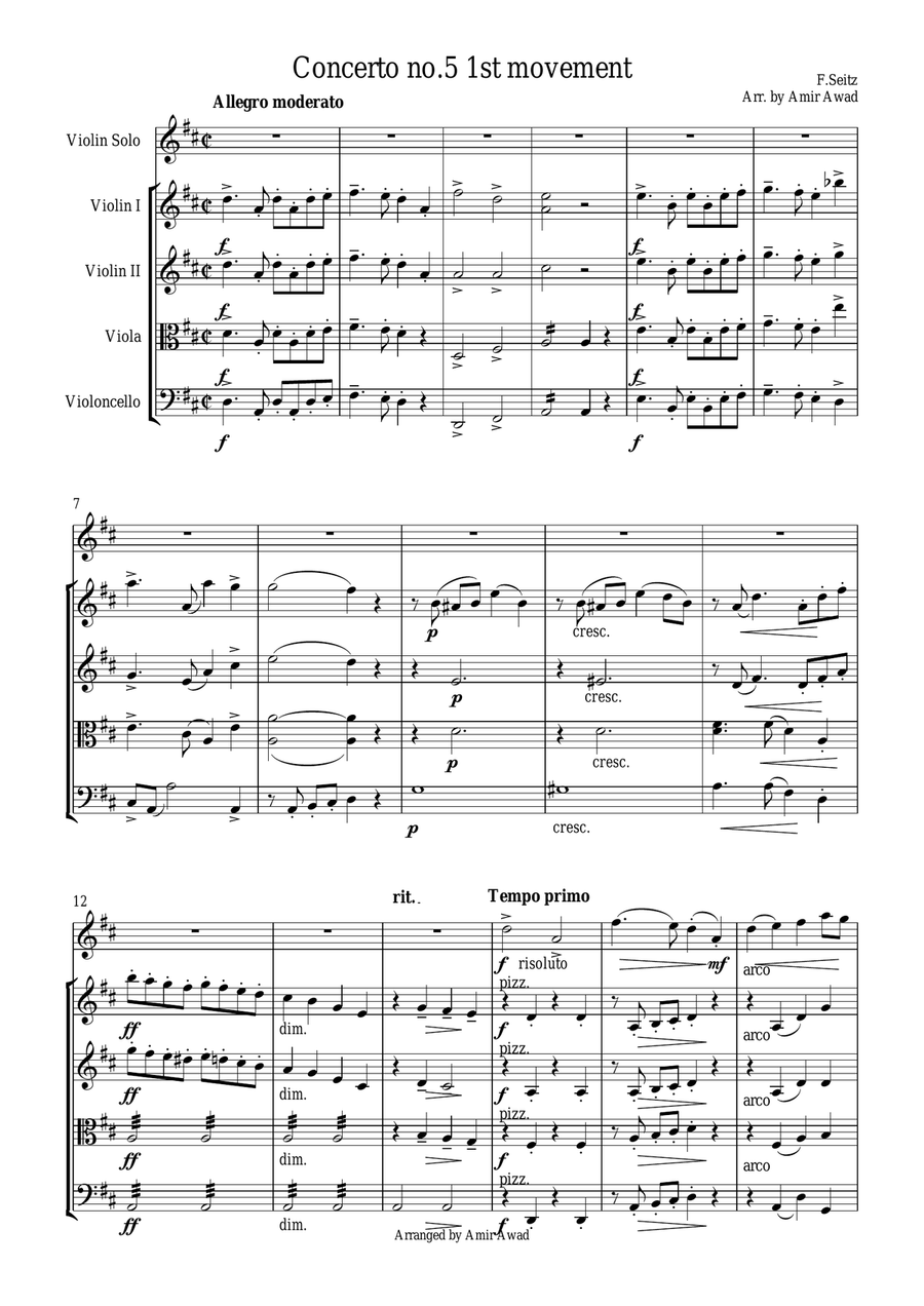 Seitz 1st movement from Pupil (Student) Concerto No.5 in D major for Violin and Piano arranged for V String Orchestra scores gallery preview page 1