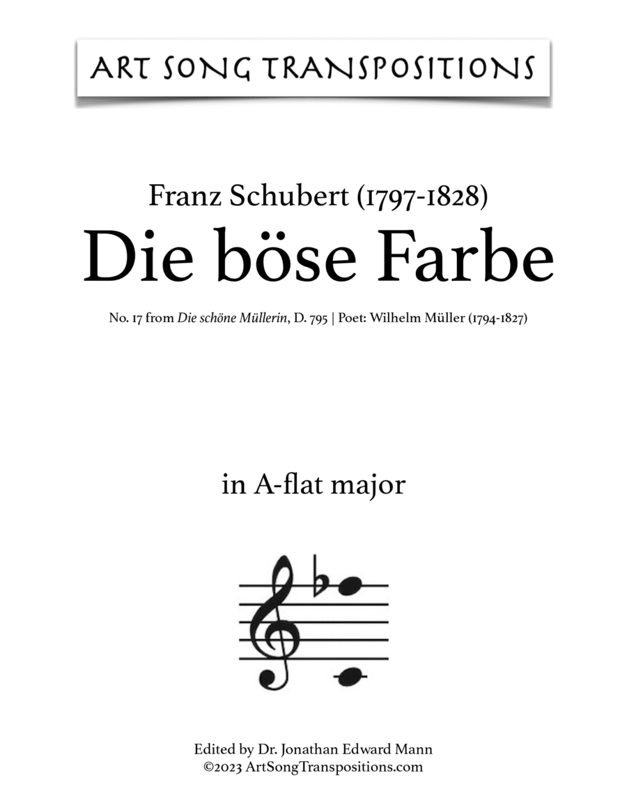SCHUBERT: Die böse Farbe, D. 795 no. 17 (transposed to A-flat major) Voice scores gallery preview page 1