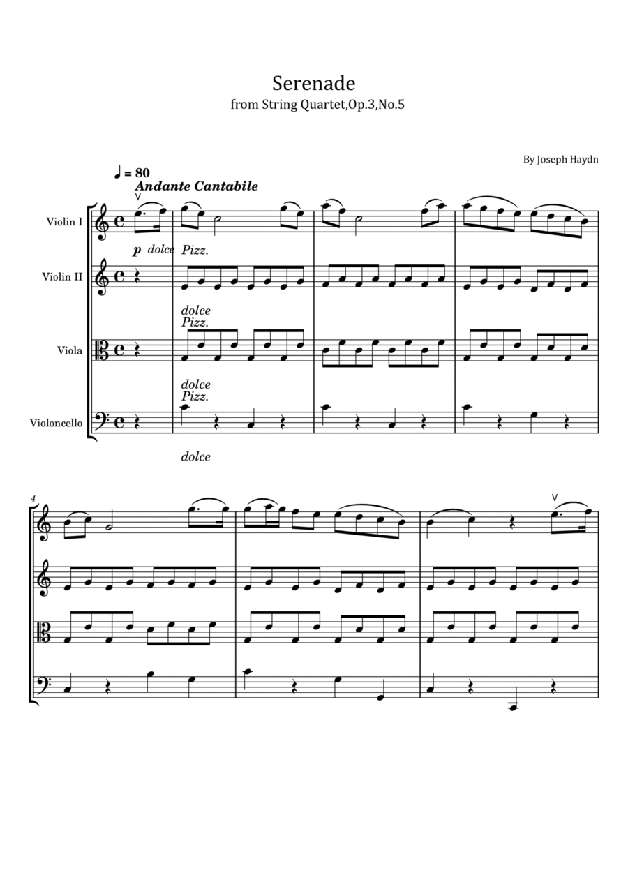 Haydn - Serenade - Op.3,No.5 - For String Quartet II. Andante cantabile Hob. III:17 String Quartet scores gallery preview page 1