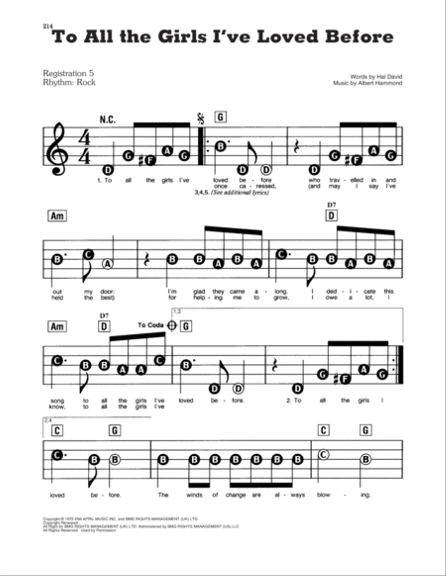 To All The Girls I've Loved Before Electronic Keyboard scores gallery preview page 1