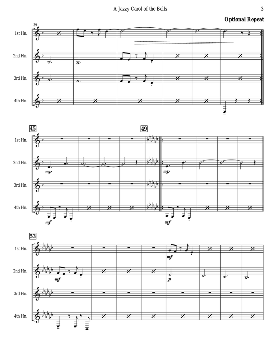 Carol of the Bells (Jazz Waltz for Horn Quartet) Brass Quartet scores gallery preview page 3