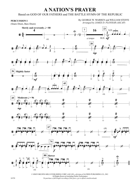 A Nation's Prayer (Based on "God of Our Fathers" and "The Battle Hymn of the Republic"): 1st Percussion by William Steffe Concert Band - Digital Sheet Music