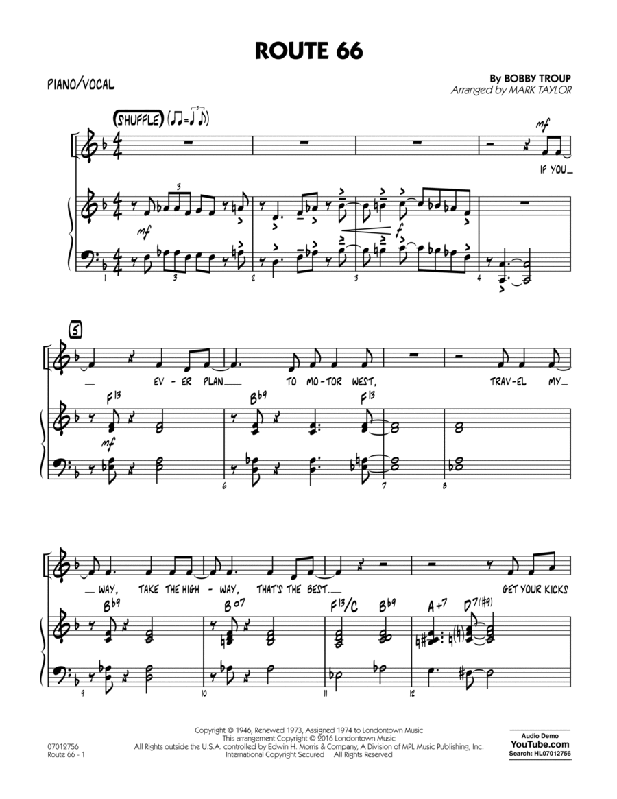Route 66 (Key: F) - Piano/Vocal Voice scores gallery preview page 1