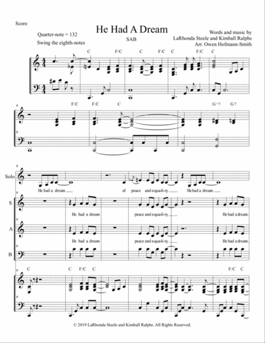 He Had A Dream, a Gospel style ML King tribute song 3-Part scores gallery preview page 1