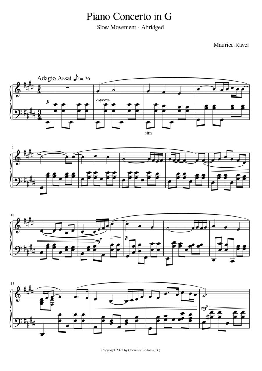Ravel Piano Concerto in G Slow Movement (abridged) Piano Solo scores gallery preview page 1