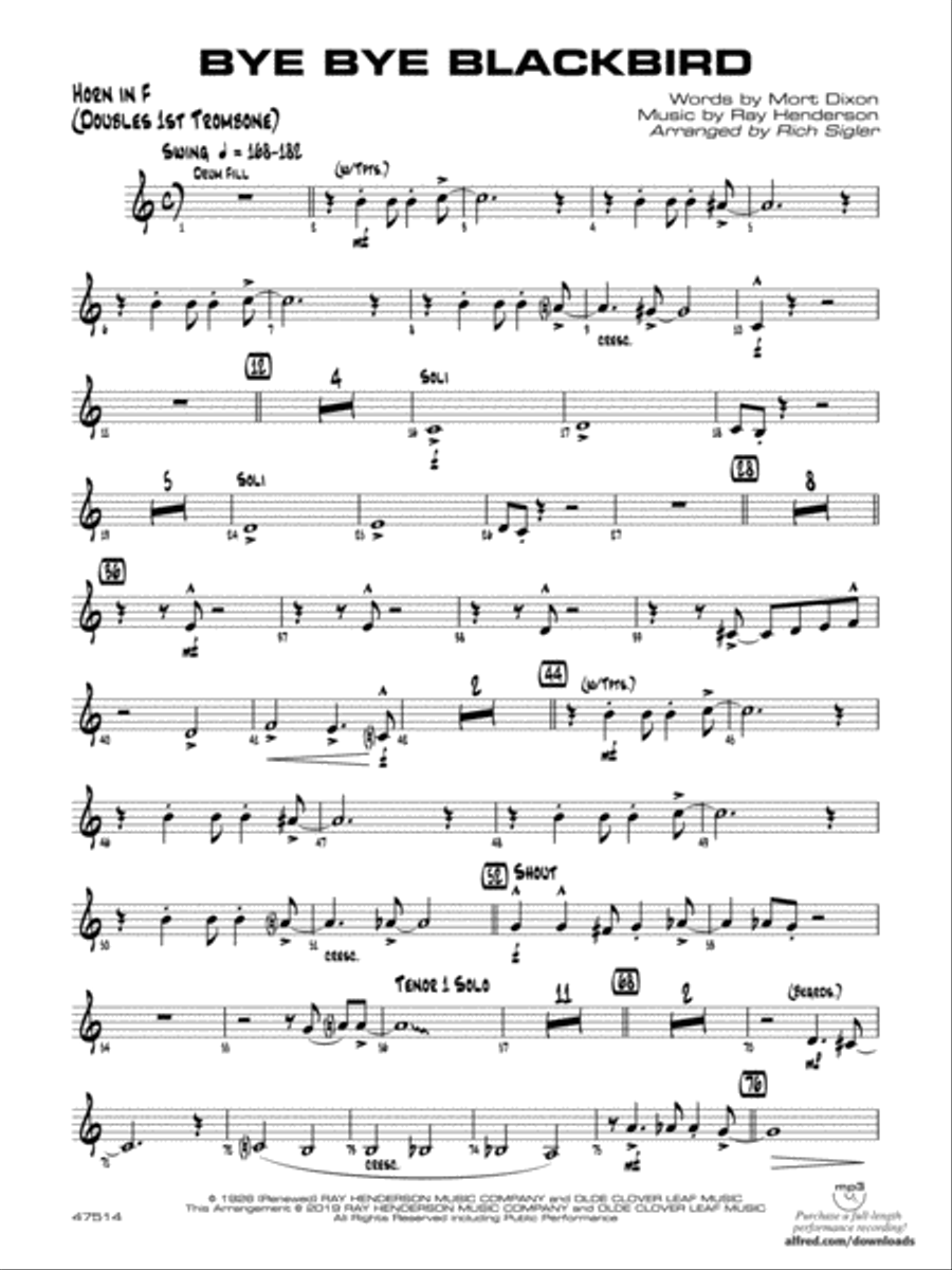 Bye Bye Blackbird: 1st F Horn Jazz Ensemble scores gallery preview page 1