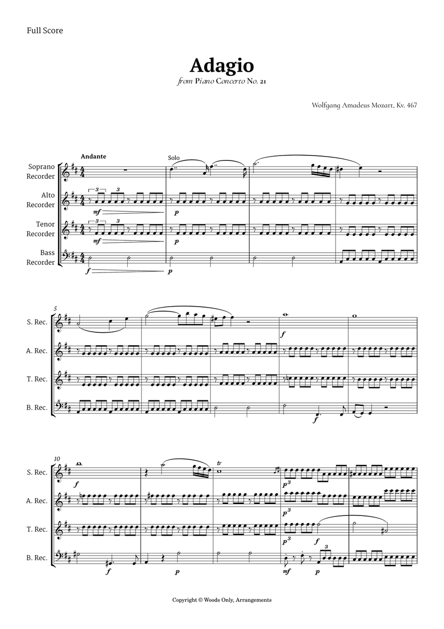 Andante from Piano Concerto No. 21 by Mozart for Recorder Quartet Chamber Music scores gallery preview page 1