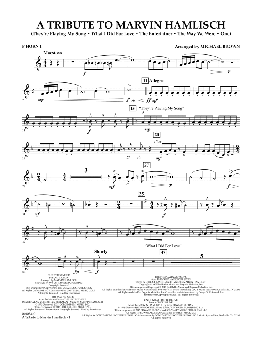 A Tribute To Marvin Hamlisch - F Horn 1 Concert Band scores gallery preview page 1