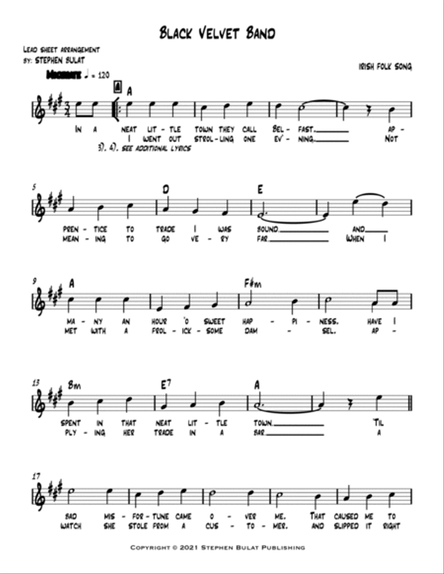 Black Velvet Band (Irish Folk Song) - Lead sheet (key of A) Large Ensemble scores gallery preview page 2