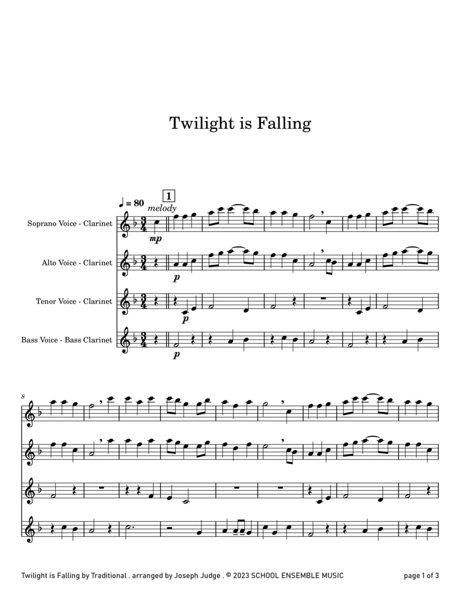 Twilight Is Falling for Clarinet Quartet in Schools Clarinet Quartet scores gallery preview page 1