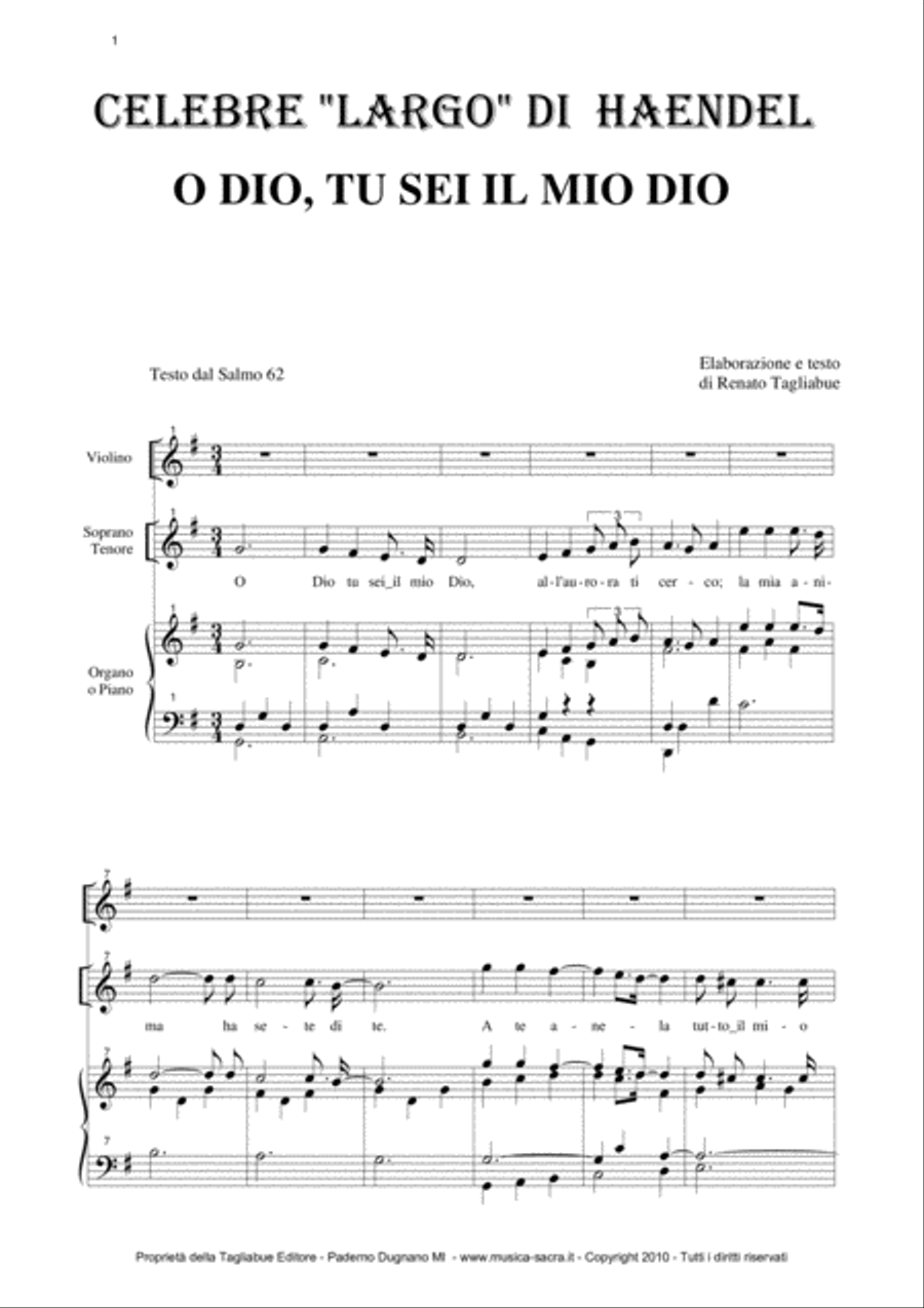 LARGO from Xerxes - O DIO, TU SEI IL MIO DIO - Arr. for Soprano (or Tenor), Violin in counterpoint a Small Ensemble scores gallery preview page 1