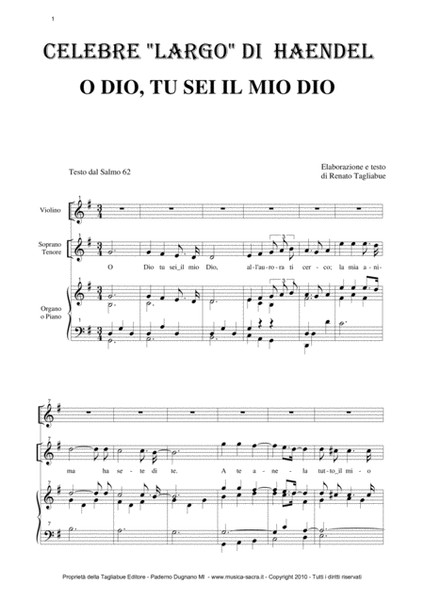 LARGO from Xerxes - O DIO, TU SEI IL MIO DIO - Arr. for Soprano (or Tenor), Violin in counterpoint a image number null