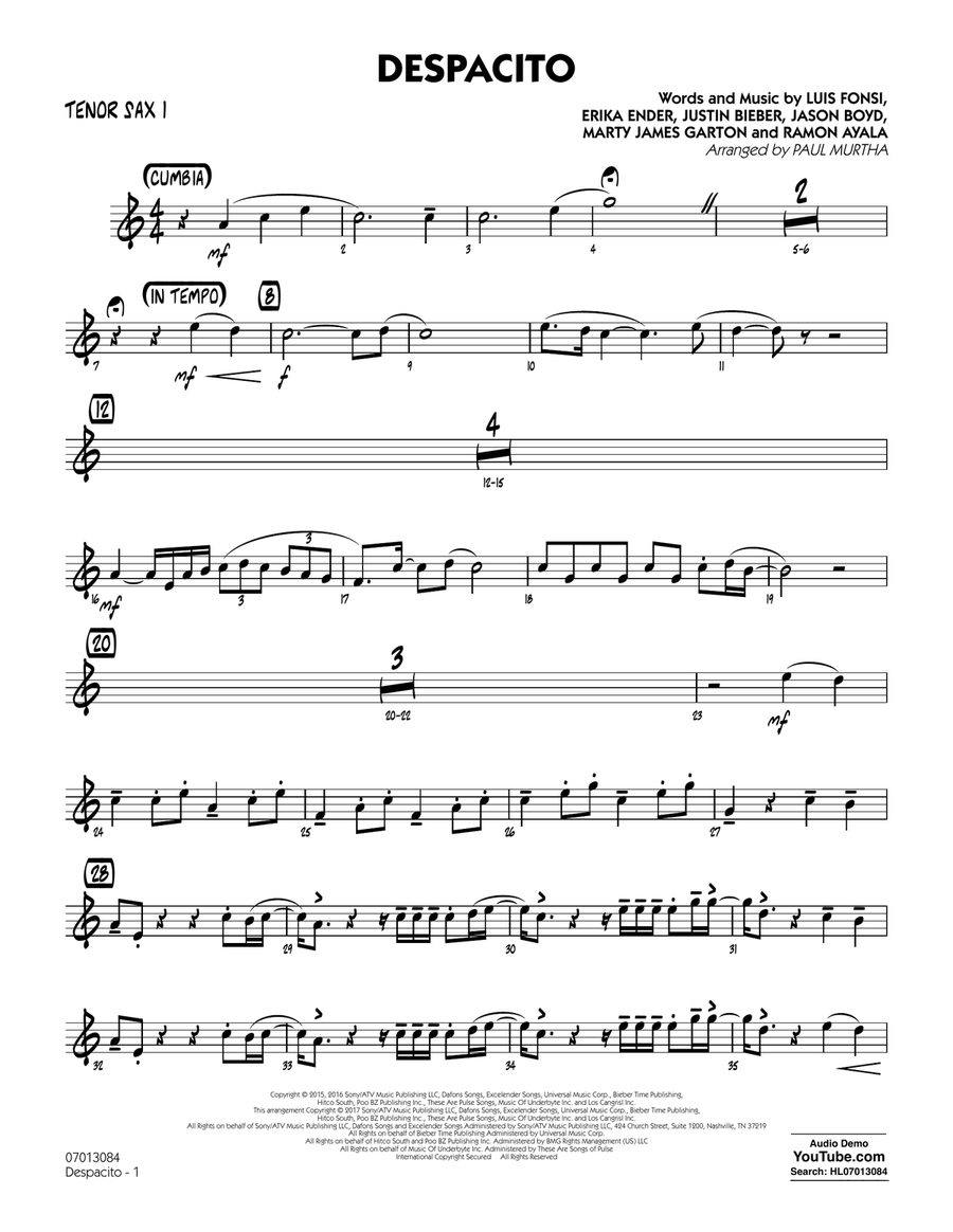 Despacito (arr. Paul Murtha) - Tenor Sax 1