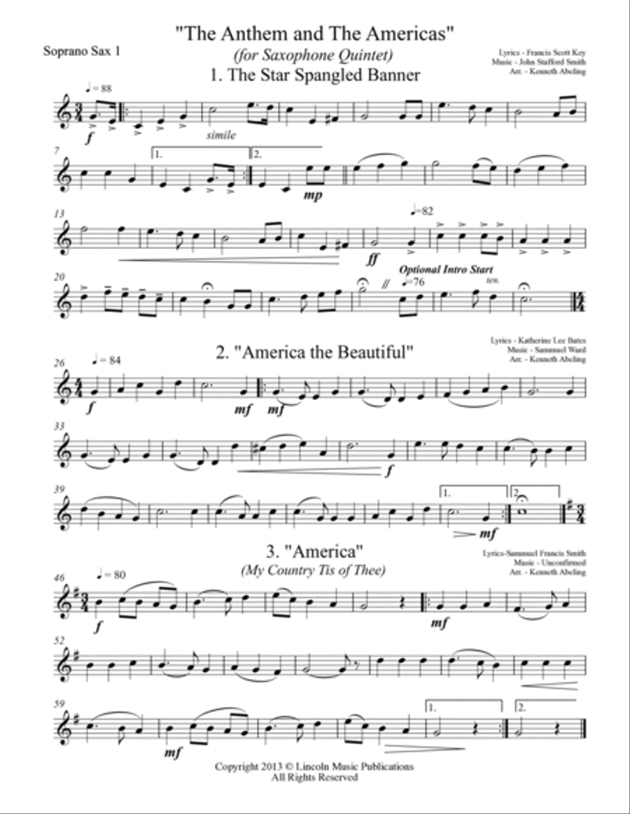 The U.S. National Anthem and The Americas (for Saxophone Quintet SATTB or AATTB) Saxophone Quintet scores gallery preview page 5