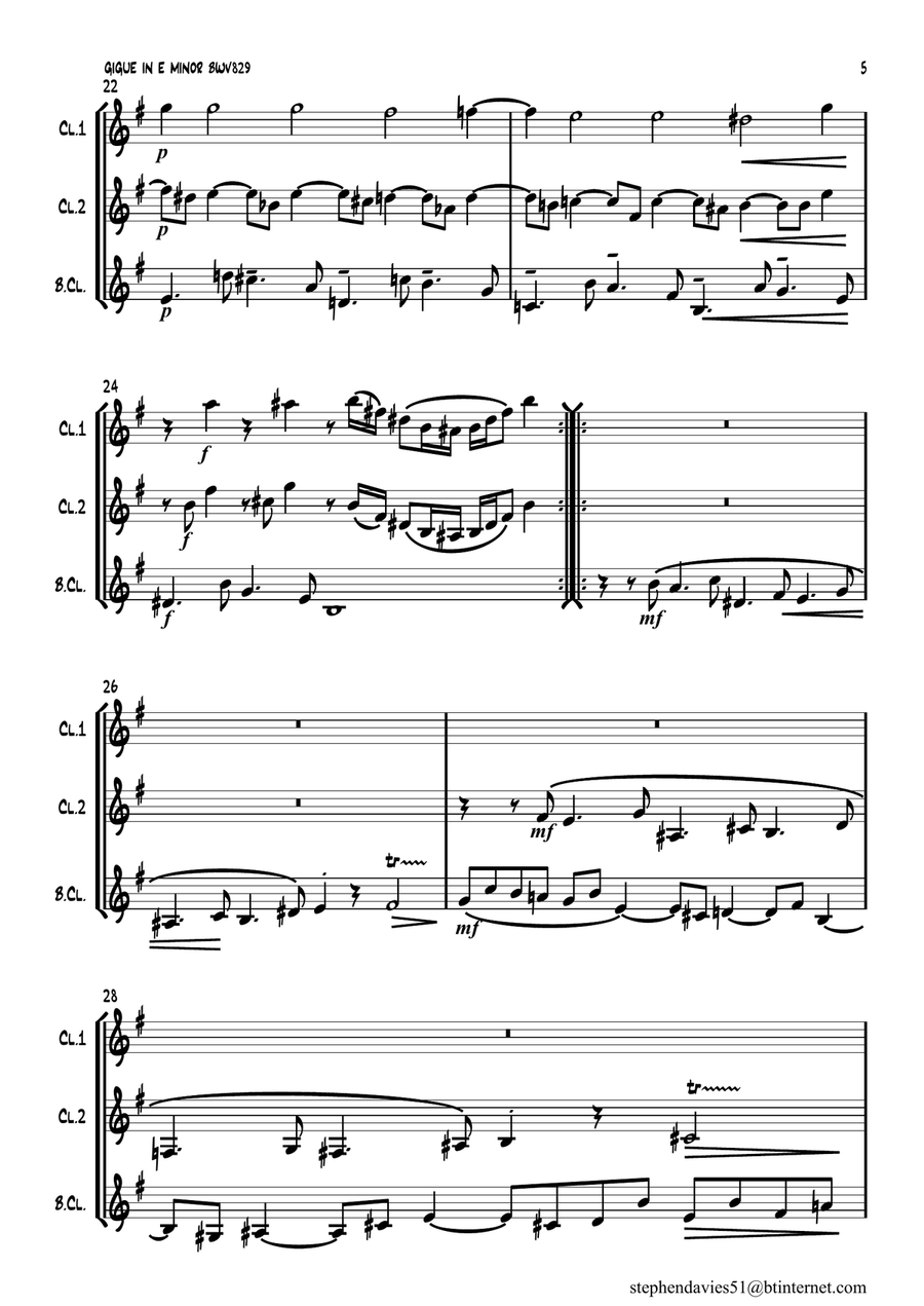 Gigue in E Minor by J.S.Bach BWV829a, for Clarinet Trio. Clarinet Trio scores gallery preview page 5