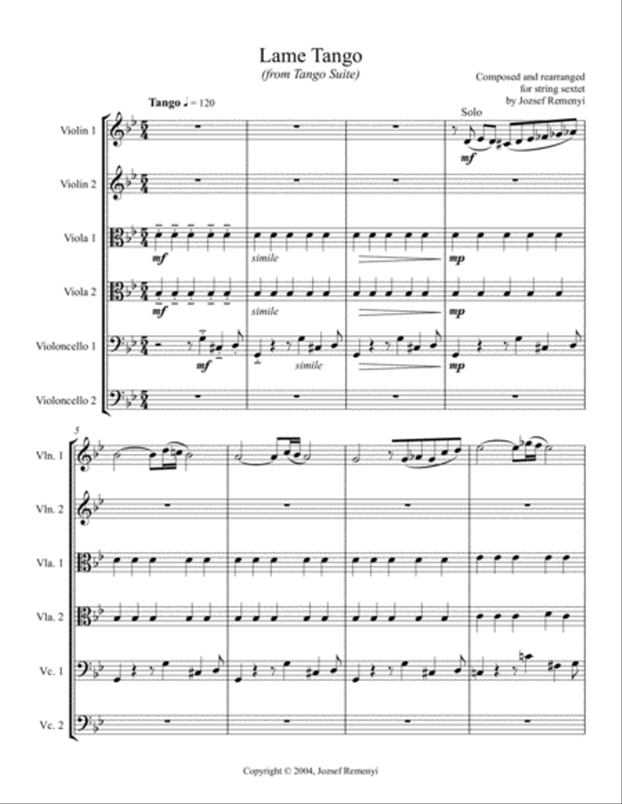 Lame Tango (from Tango Suite) for string sextet - Letter version Cello scores gallery preview page 1