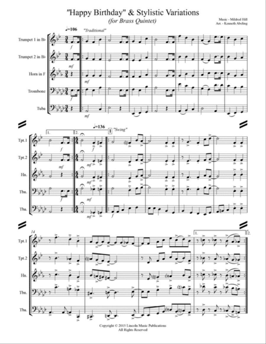Happy Birthday and Stylistic Variations (for Brass Quintet) Brass Quintet scores gallery preview page 2
