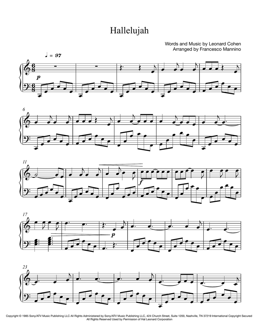 Hallelujah Easy Piano scores gallery preview page 1