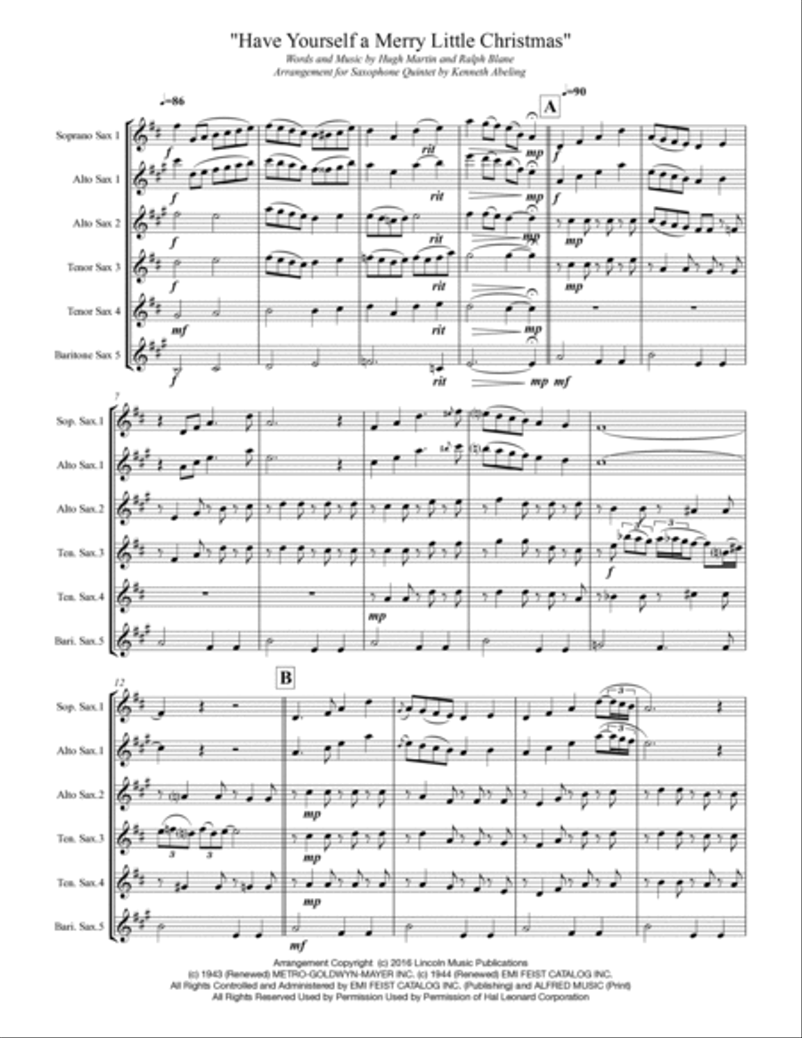 Have Yourself A Merry Little Christmas from MEET ME IN ST. LOUIS Saxophone Quintet scores gallery preview page 2