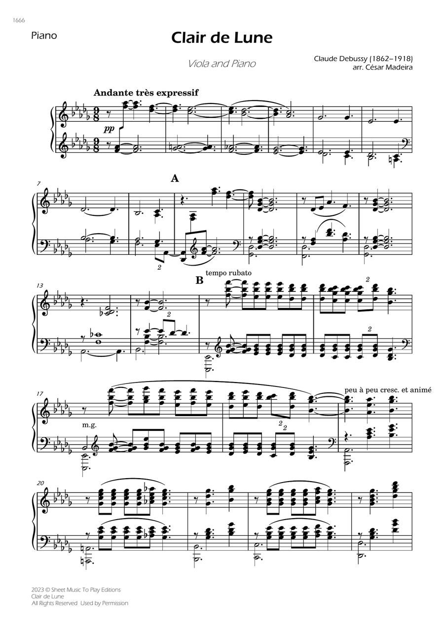 Clair de Lune by Debussy - Viola and Piano (Individual Parts) Piano scores gallery preview page 3