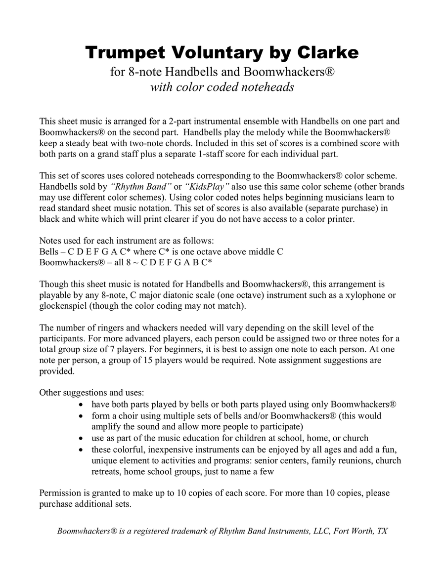 Trumpet Voluntary for 8-note Bells and Boomwhackers® (with Color Coded Notes) Handbell Choir scores gallery preview page 2