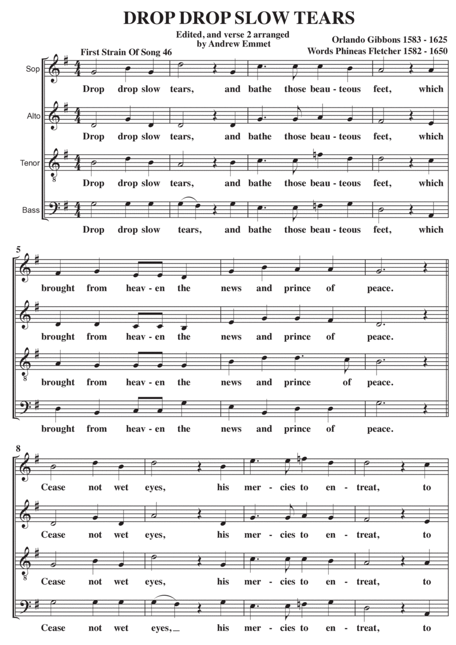 Drop Drop Slow Tears A Cappella SATB 4-Part scores gallery preview page 1