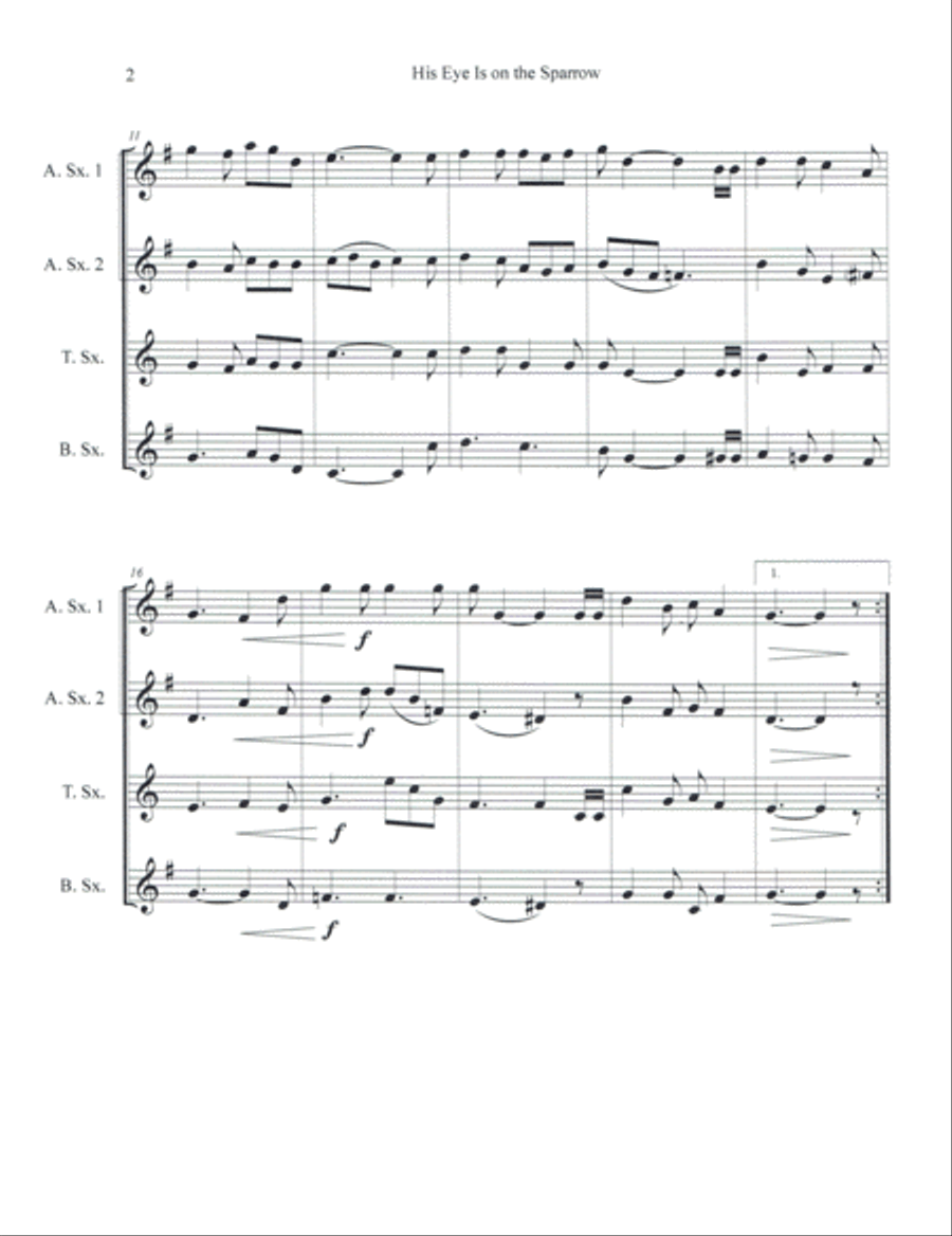 His Eye Is on the Sparrow for Saxophone Quartet Saxophone Quartet scores gallery preview page 3