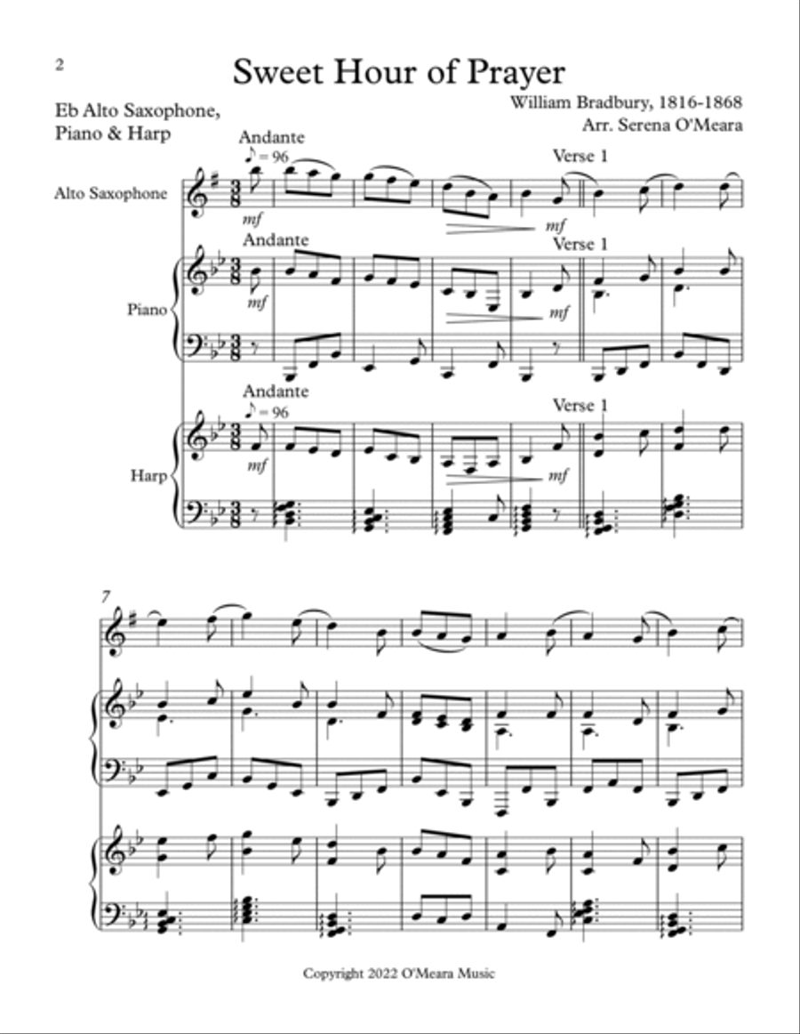 Sweet Hour of Prayer, Trio for Eb Alto Saxophone, Piano & Harp Alto Saxophone scores gallery preview page 2