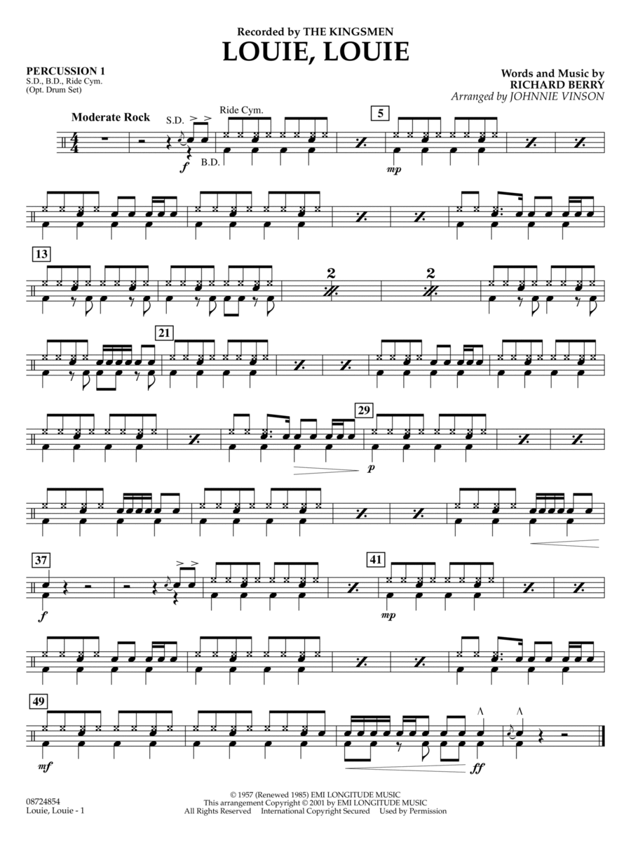 Louie, Louie (arr. Johnnie Vinson) - Percussion 1 Concert Band scores gallery preview page 1