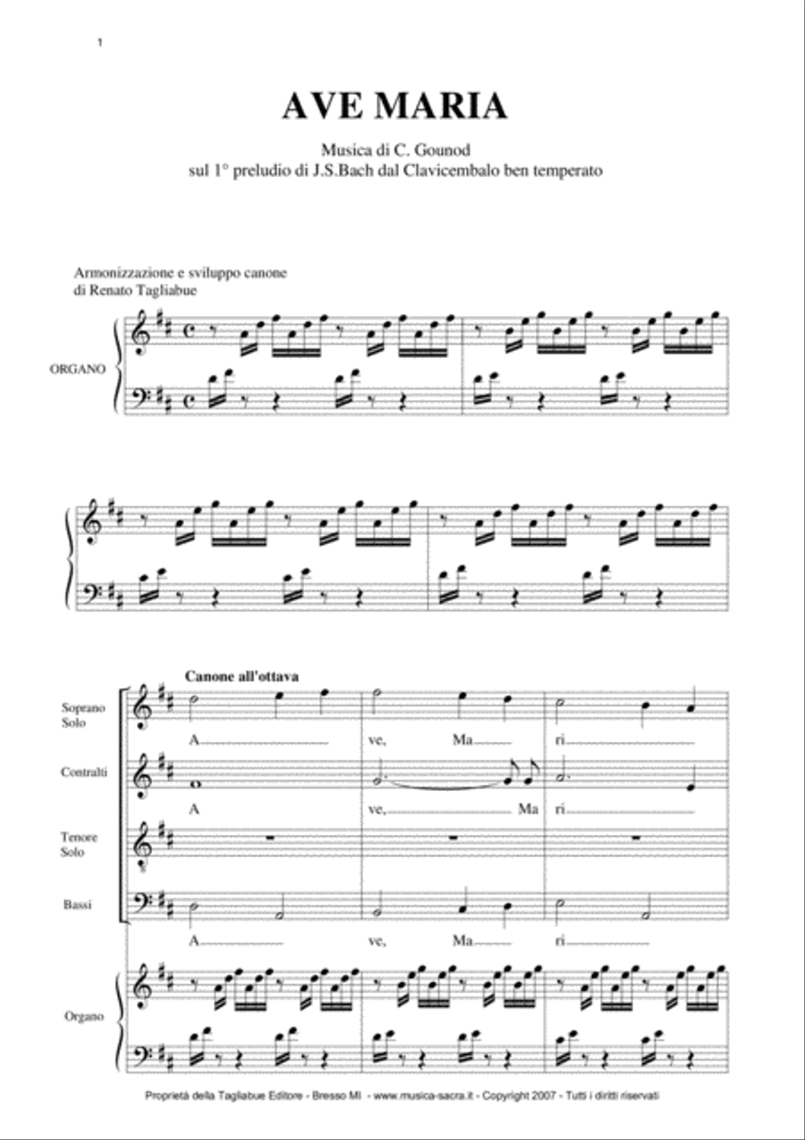 AVE MARIA by Gounod - Arr. in canon for SATB Choir and piano/Organ 4-Part scores gallery preview page 1