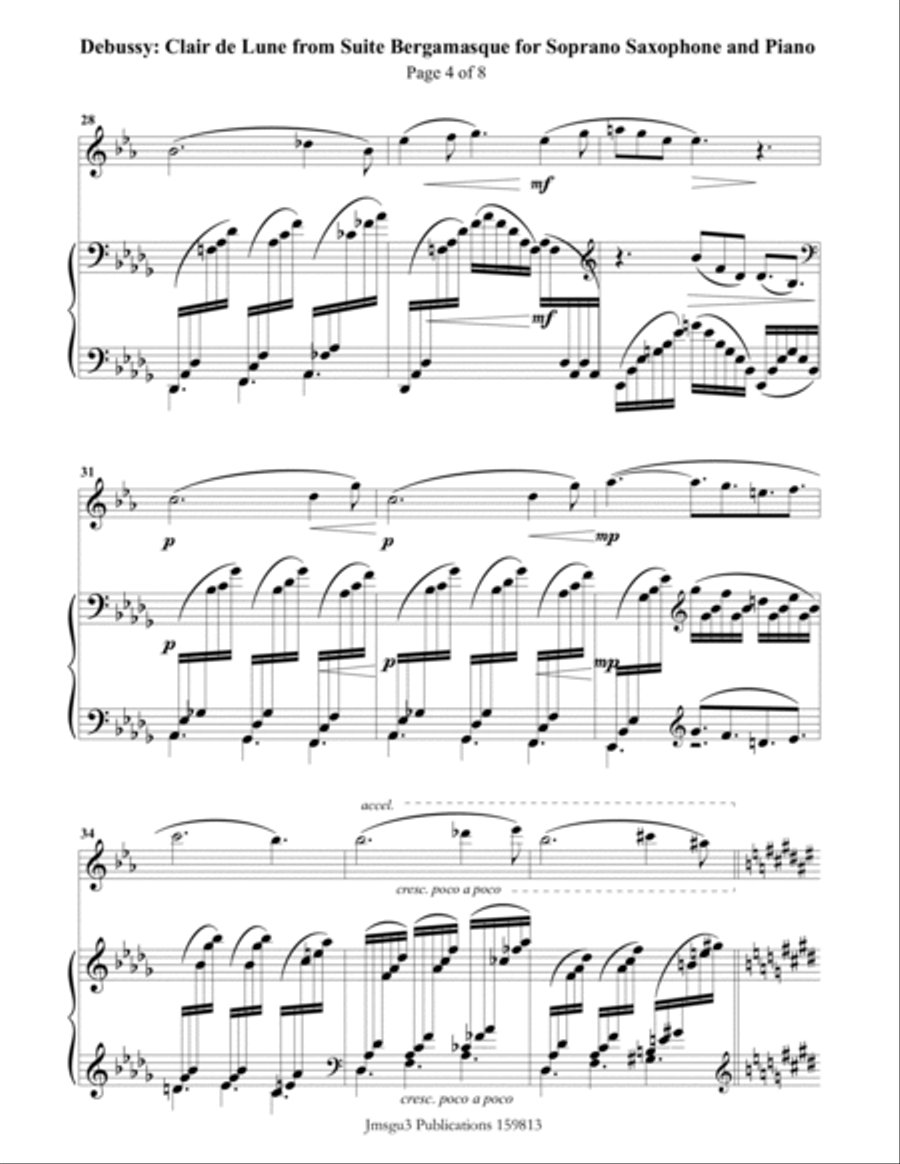 Debussy: Clair de Lune for Soprano Sax and Piano Soprano Saxophone scores gallery preview page 4