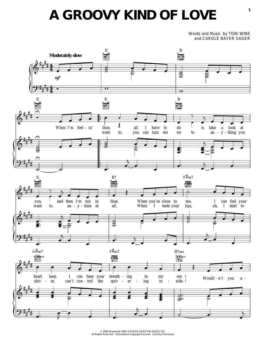 A Groovy Kind Of Love Piano, Vocal, Guitar scores gallery preview page 1