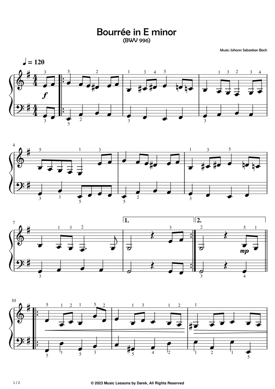 Bourrée in E minor (EASY PIANO) (BWV 996) [Johann Sebastian Bach] Easy Piano scores gallery preview page 1