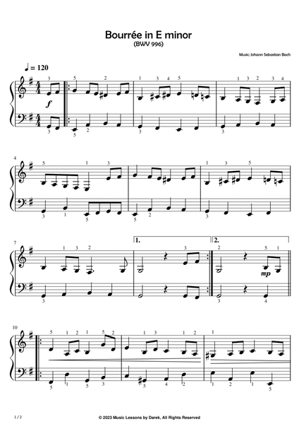 Bourrée in E minor (EASY PIANO) (BWV 996) [Johann Sebastian Bach] image number null