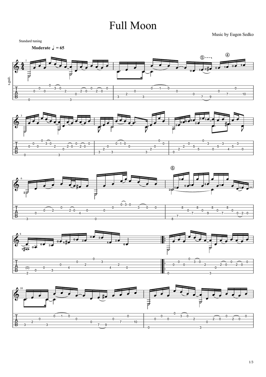 Eugen Sedko - Full Moon, contemporary solo guitar composition Acoustic Guitar scores gallery preview page 1
