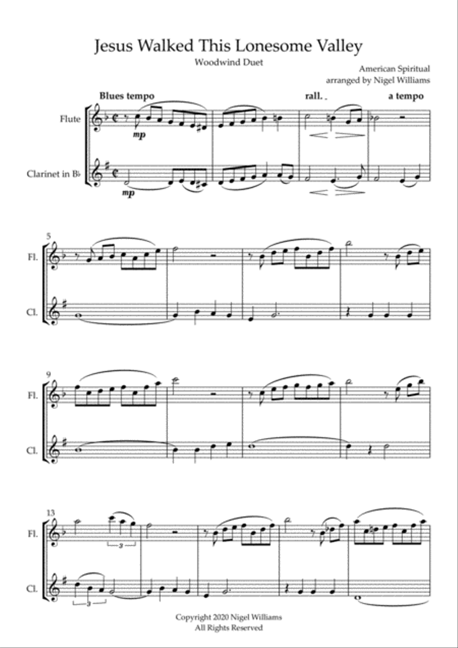 Jesus Walked This Lonesome Valley, for Flute and Clarinet Woodwind Duet scores gallery preview page 2