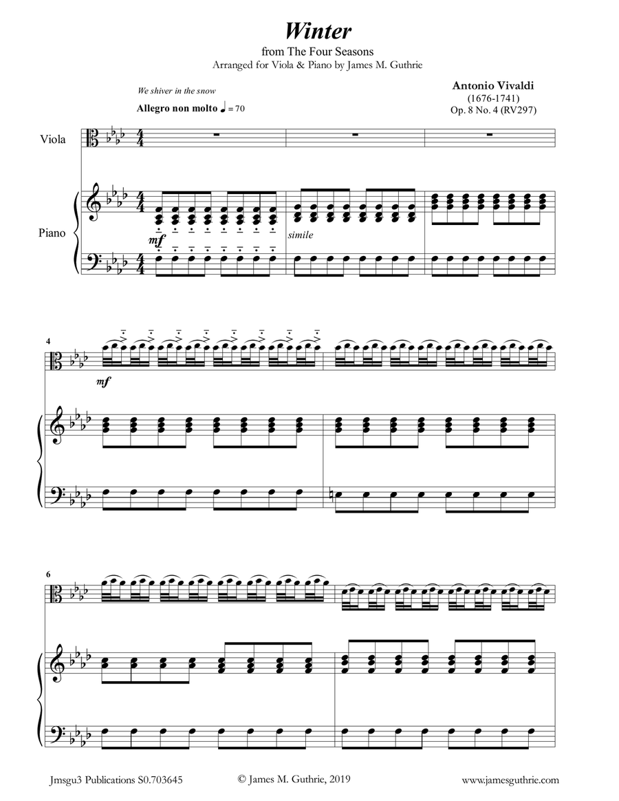 Vivaldi: Winter from the Four Seasons for Viola & Piano Viola scores gallery preview page 1