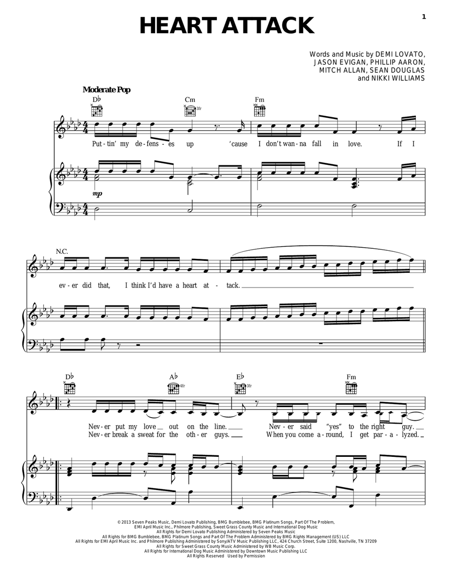Heart Attack Piano, Vocal, Guitar scores gallery preview page 1