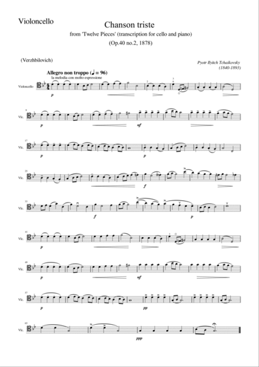 Tchaikovsky - Chanson triste (for piano and cello) Op.40 No.2 (1878) Original (Verzhbilovich) Piano scores gallery preview page 5