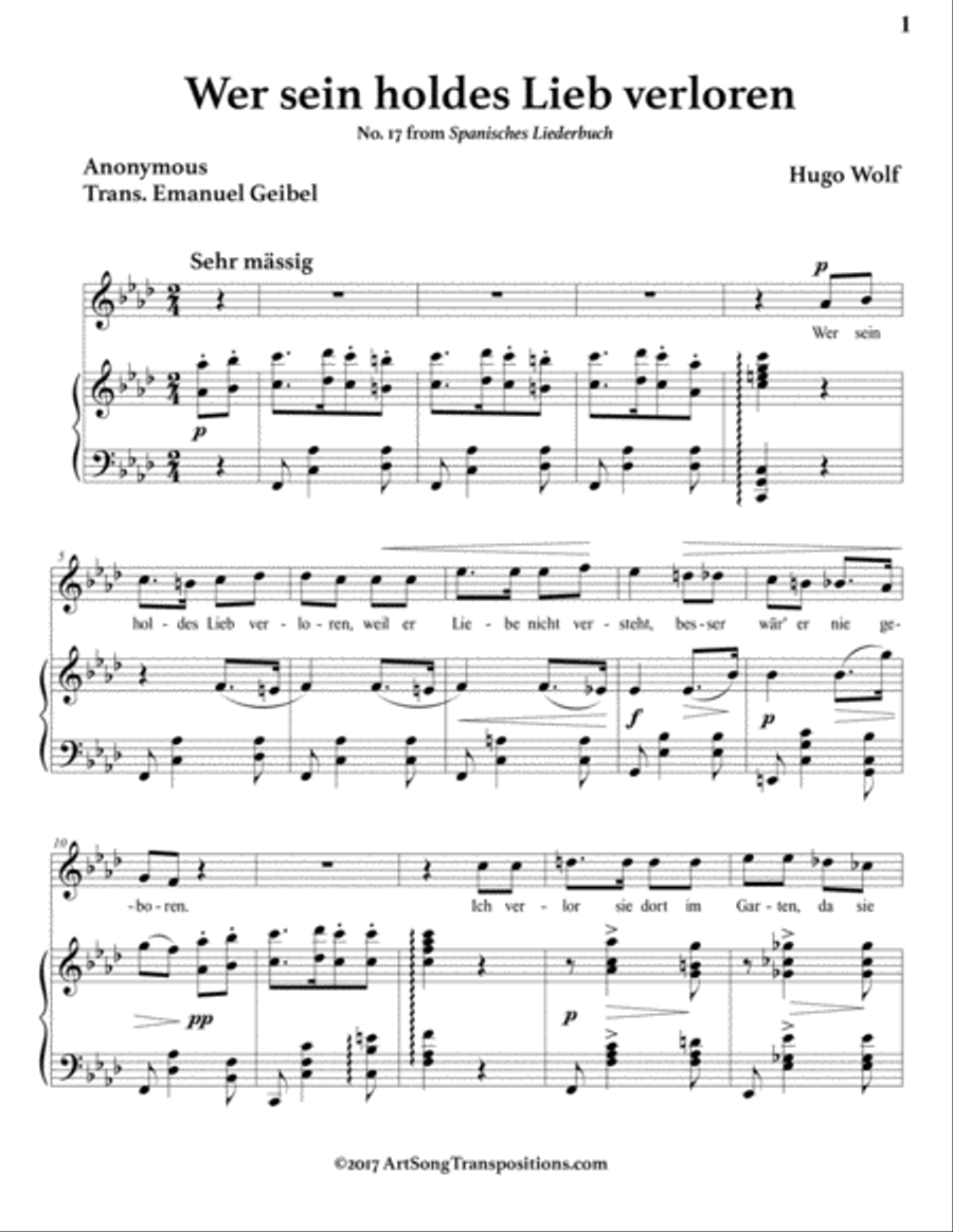 WOLF: Wer sein holdes Lieb verloren (transposed to F minor) Voice scores gallery preview page 2