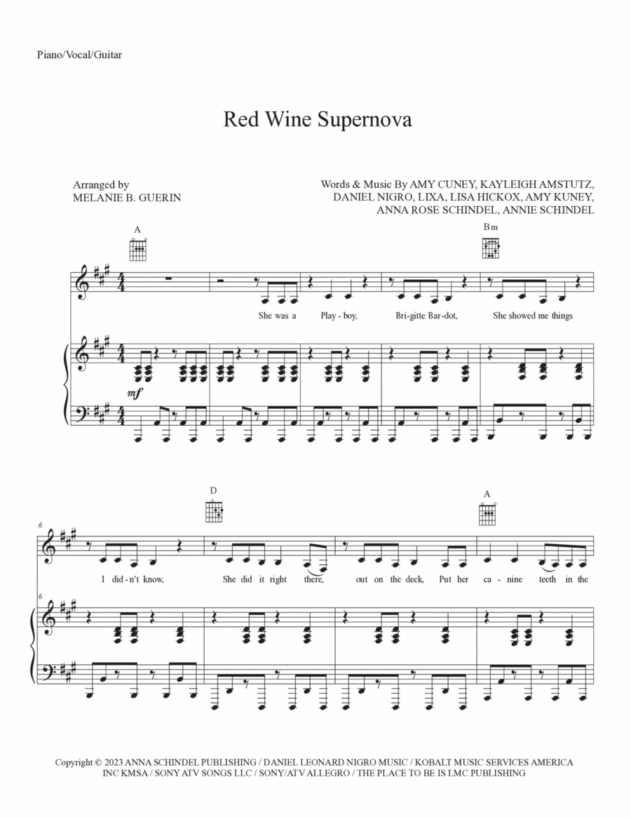 Red Wine Supernova Piano, Vocal, Guitar scores gallery preview page 1