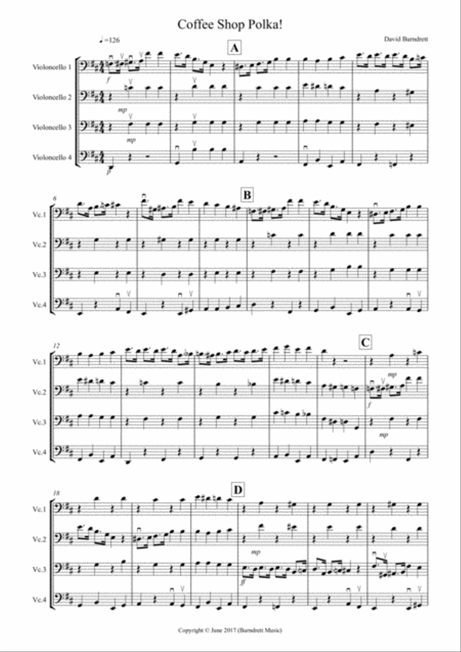 Coffee Shop Polka! for Cello Quartet Cello Solo scores gallery preview page 1