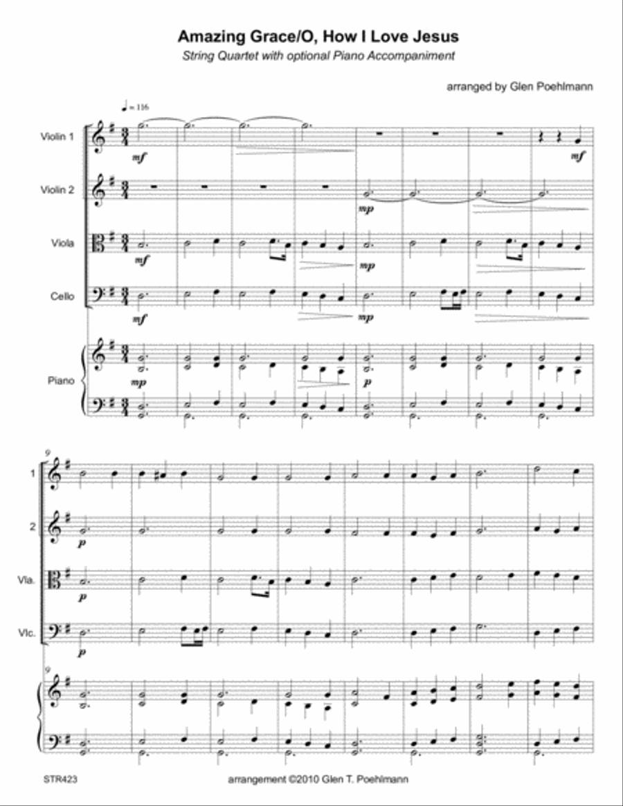O HOW I LOVE JESUS/AMAZING GRACE - STRING QUARTET with optional Piano Piano Quintet scores gallery preview page 1