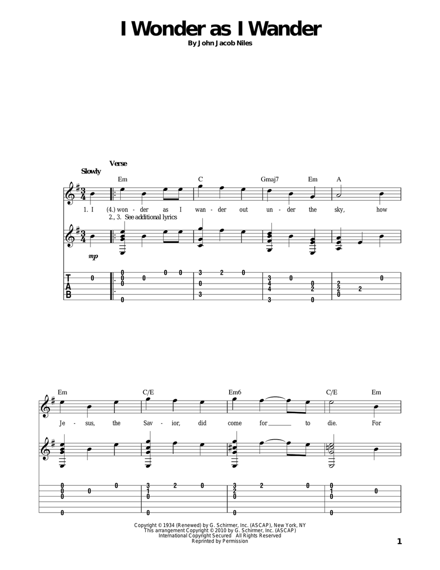 I Wonder As I Wander Acoustic Guitar scores gallery preview page 1