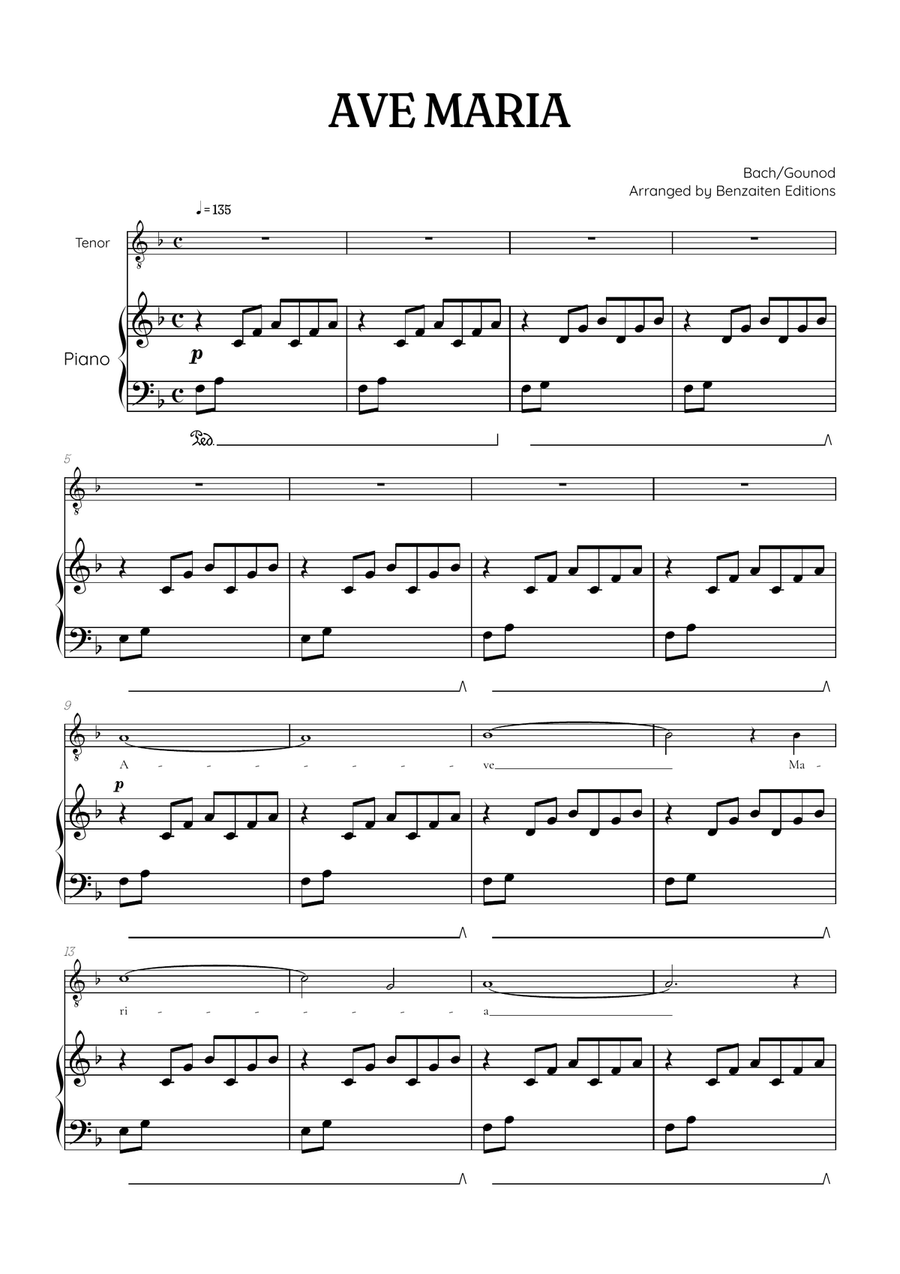 Bach / Gounod Ave Maria in F major • tenor sheet music with piano accompaniment Tenor Voice scores gallery preview page 1