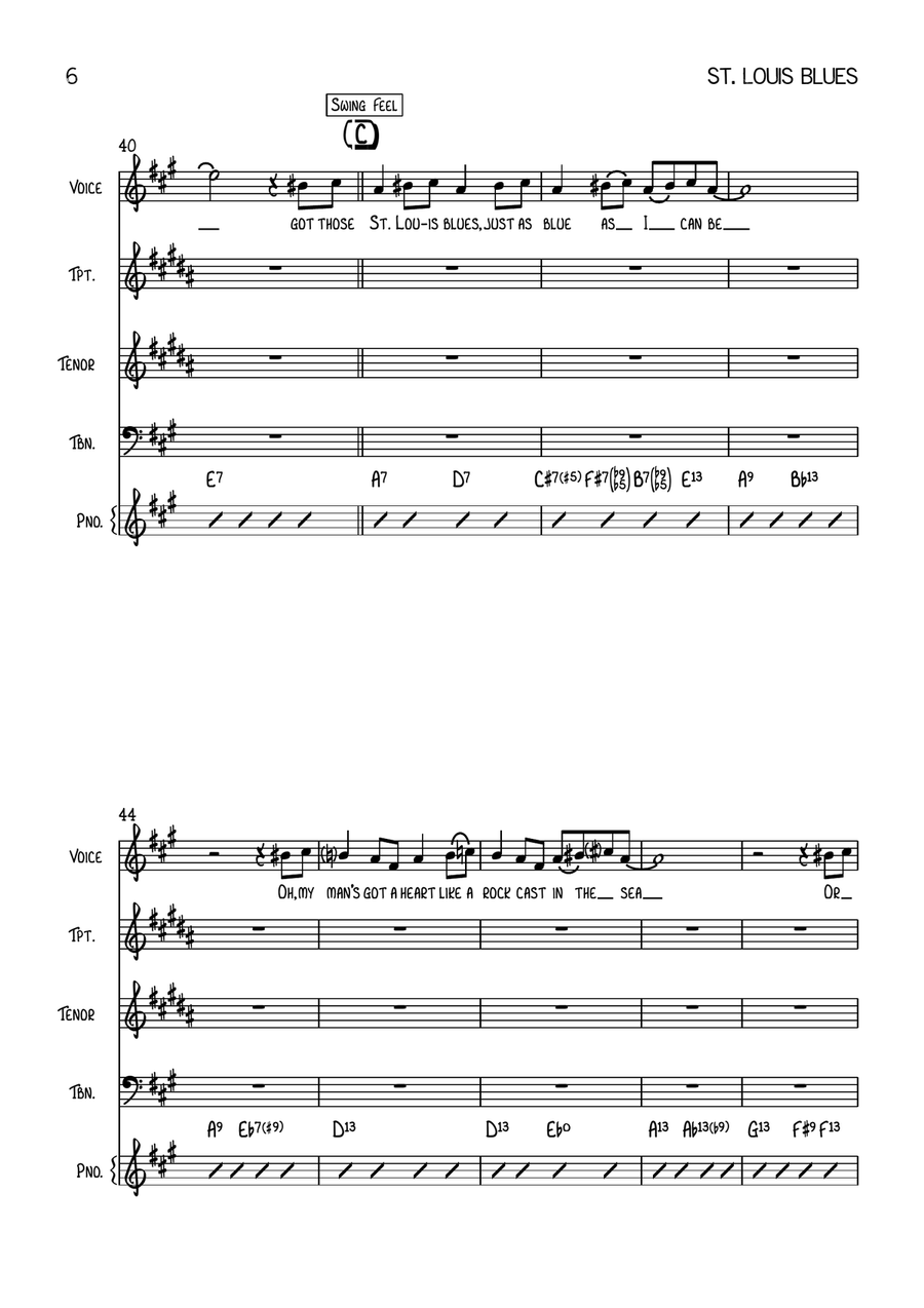 St. Louis Blues - Vocal With Jazz Combo (3 Horns) - Key of A Jazz Ensemble scores gallery preview page 6