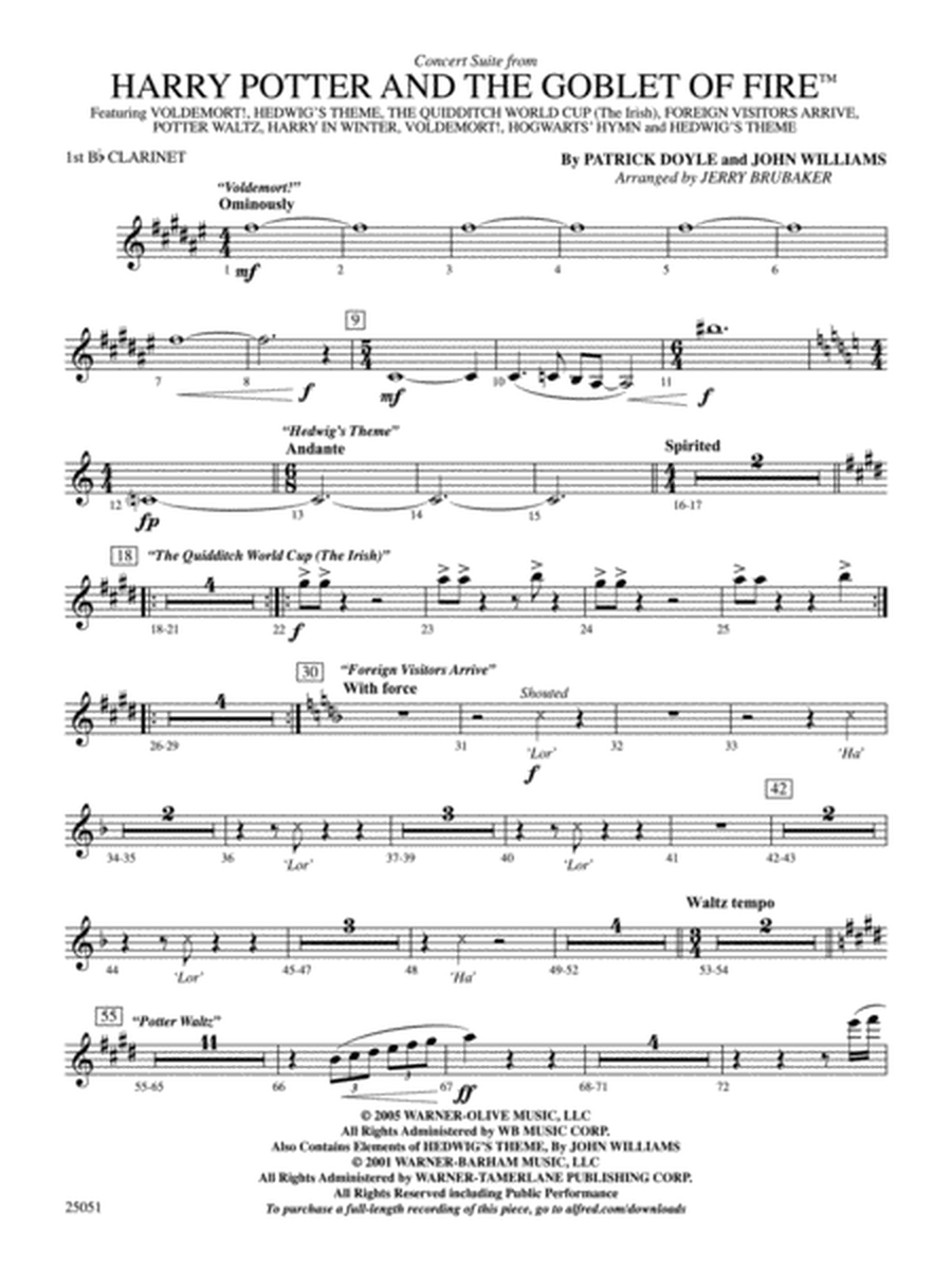 Harry Potter and the Goblet of Fire,™ Concert Suite from: 1st B-flat Clarinet
