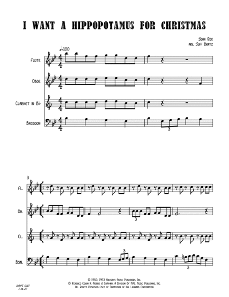 I Want A Hippopotamus For Christmas (Hippo The Hero) Woodwind Quartet scores gallery preview page 2